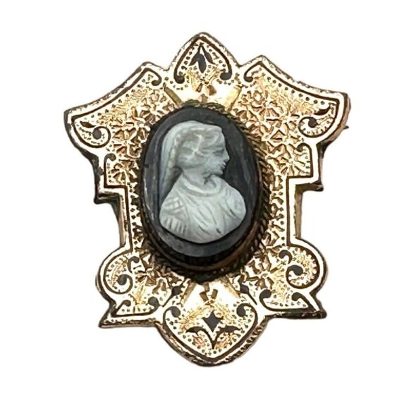 Antique Womans Brooch Pin 10K Rose Gold Shell Cameo Taile D' Epargne Victorian - Picture 1 of 6